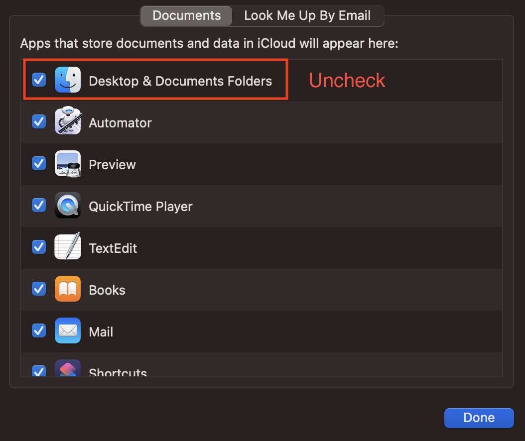 Remove Desktop and Documents folders from iCloud Drive Sync